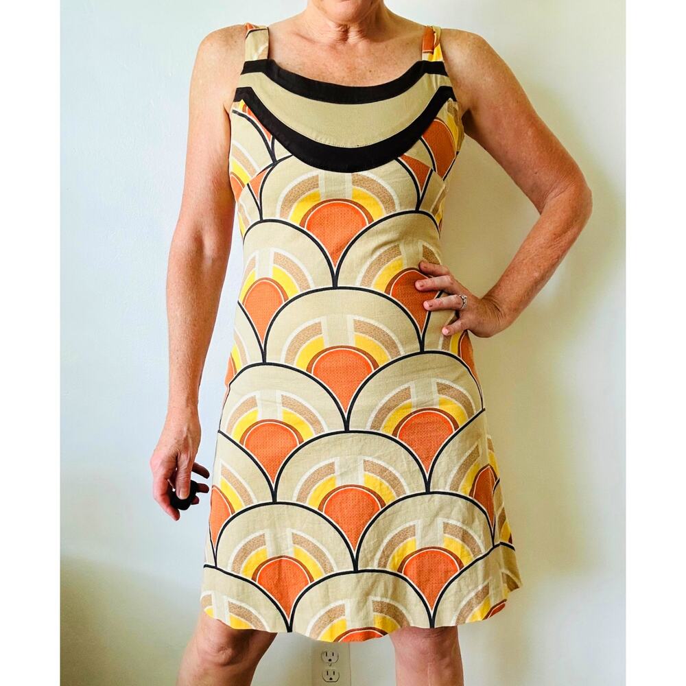 Y2K Zara Cotton 70s Print Mini Dress Size Small/6 Neutrals/Orange Retro Print